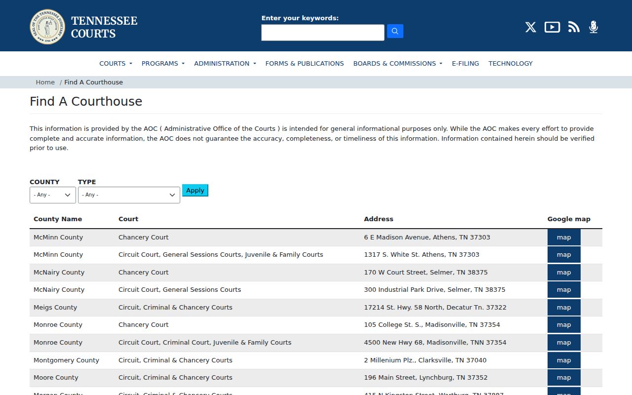 McNairy County court dates in the AOC courthouse directory