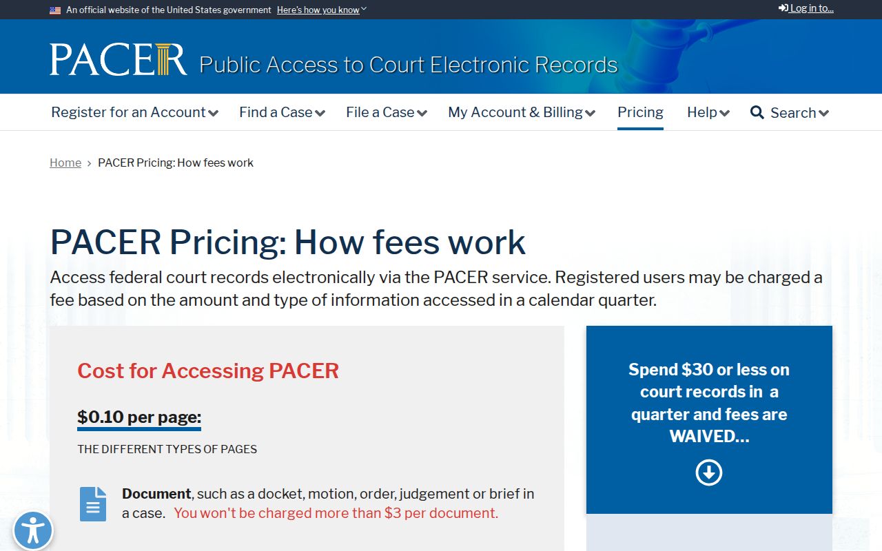 McNairy County court record search PACER fee page