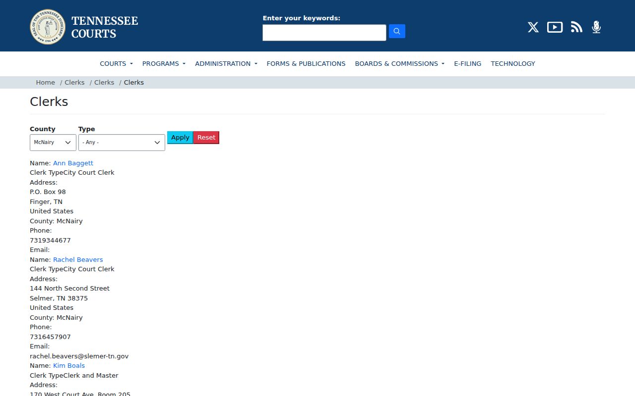 McNairy County court docket AOC clerk directory